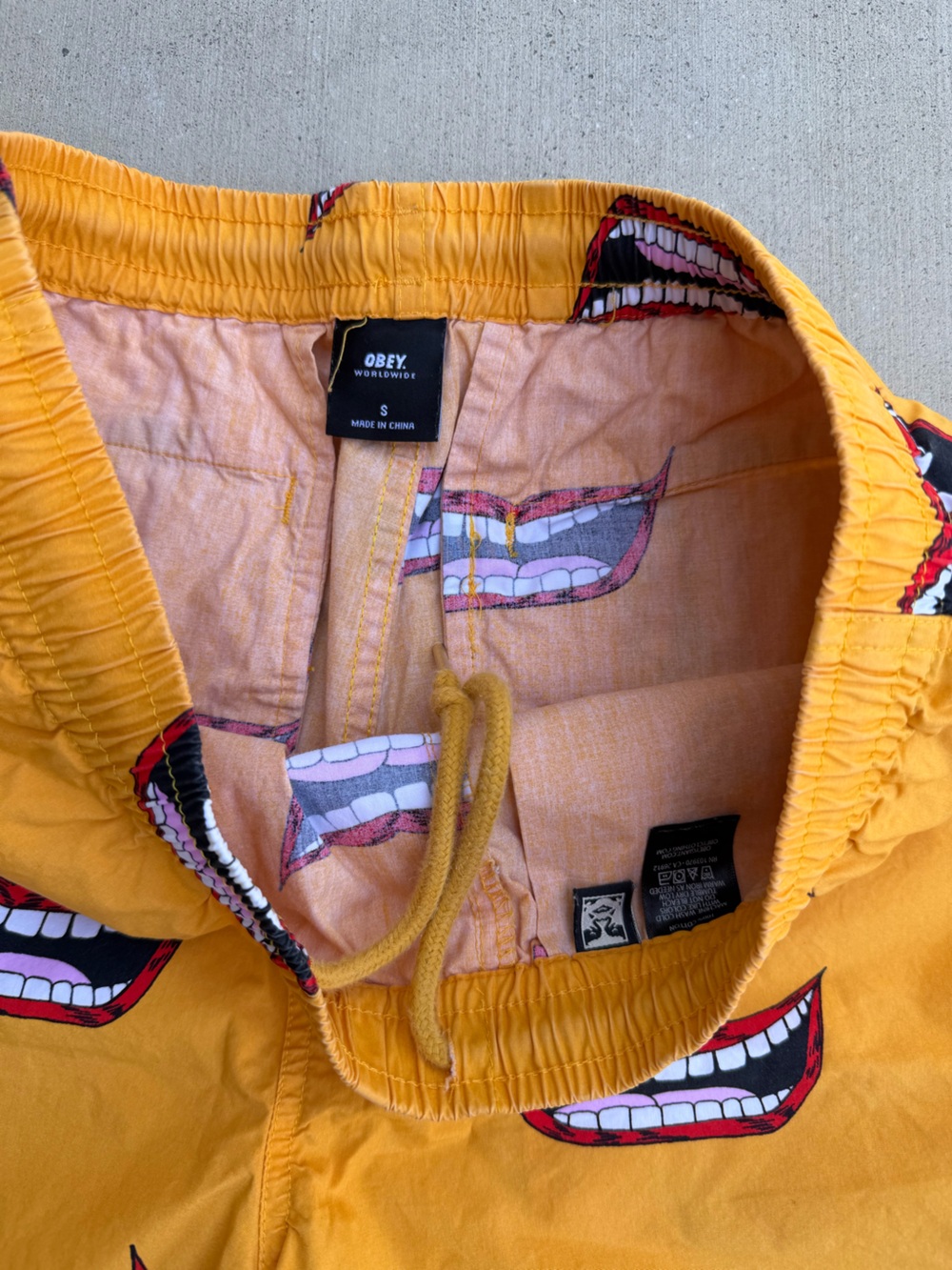 Obey Yellow Graphic Mouth Print Drawstring Shorts - Picture 4 of 6